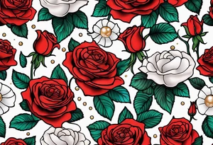 Red roses with pearls and scallop shells tattoo idea