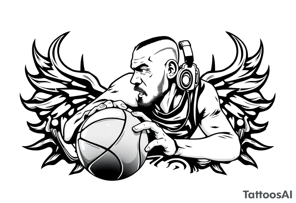 A guy dribbling a basketball with headphones on tattoo idea