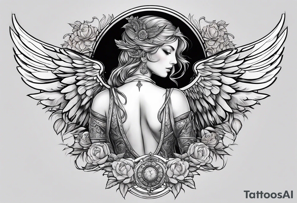 A fineline tattoo on a back with a sword down the spine a goddess in the right side and angel wing in the left side tattoo idea