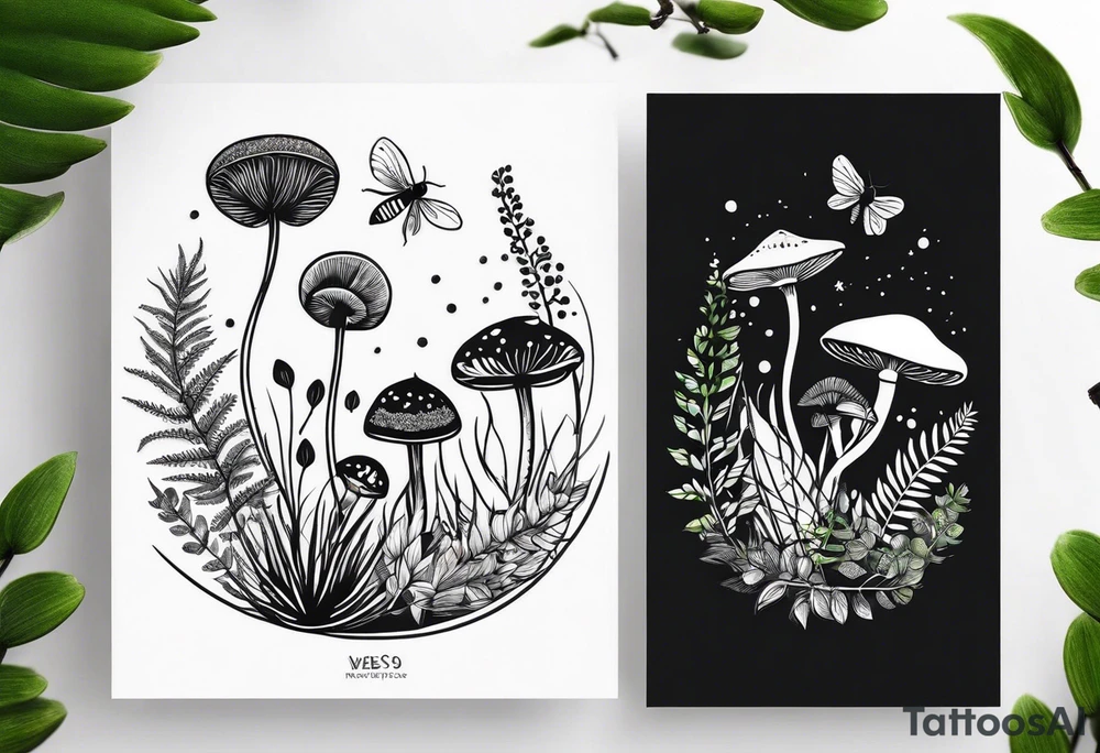 forest floor inspired minimalist tattoo, which includes grass, curly ferns, moss and dead leaves as the bulk of the tattoo. details to include: forest berries, a tiny bumblebee flying nearby, three small brown mushrooms
Generate a vertically long one tattoo idea
