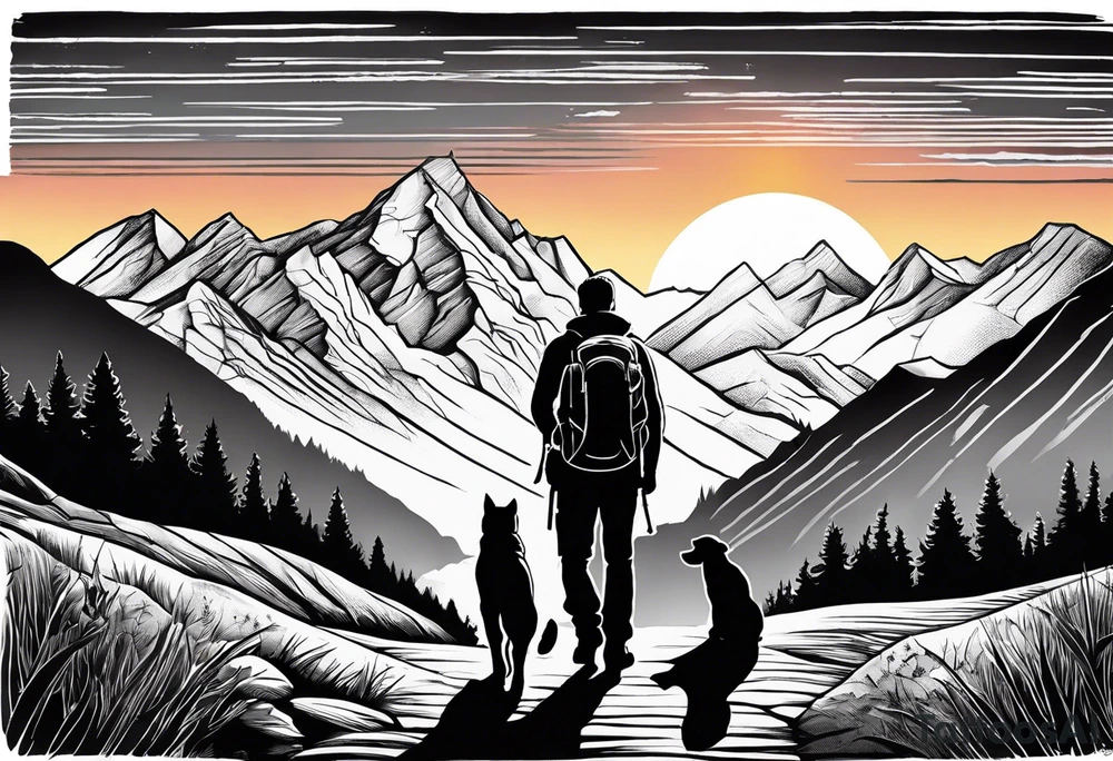 nature, sunset, mountains, a father and son hiking with their dog and cat and a cross tattoo idea