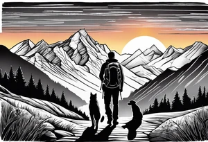 nature, sunset, mountains, a father and son hiking with their dog and cat and a cross tattoo idea