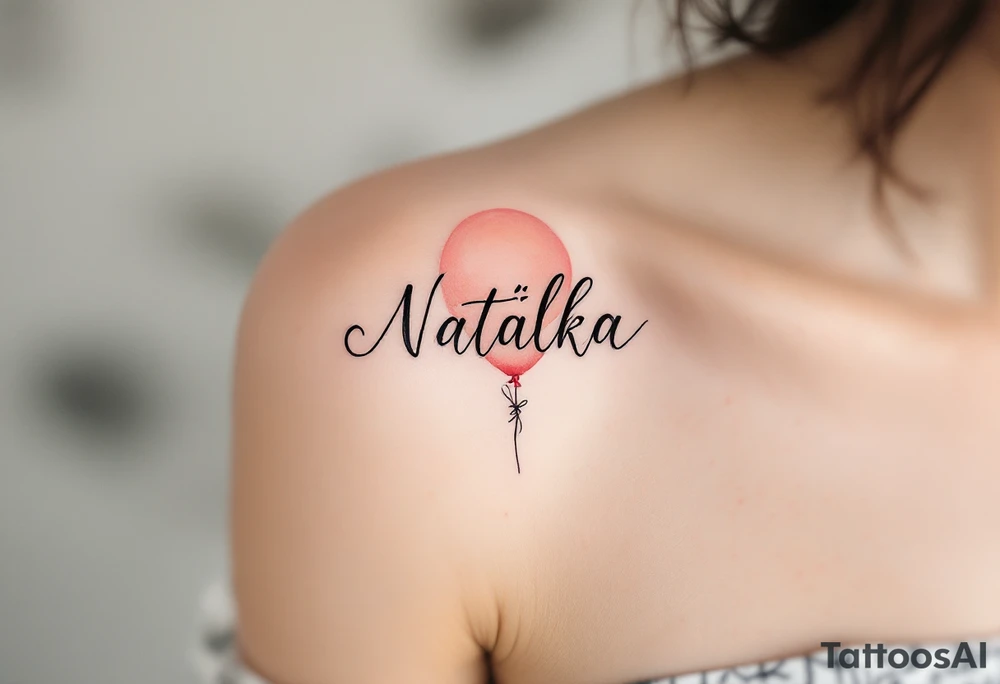 Natálka scripted across a blush pink balloon, floating upward. tattoo idea