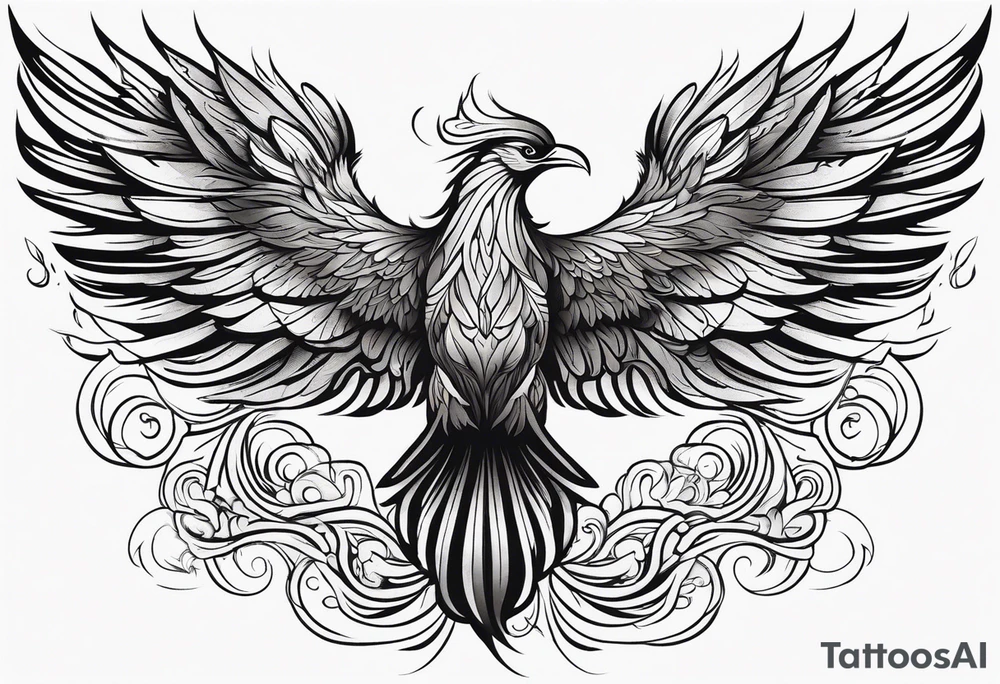 Tattoo: A powerful, majestic phoenix, depicted mid-flight or rising, with wings extended and feathers flowing. Deep shading and intricate details to bring out the texture and motion of the feathers. tattoo idea