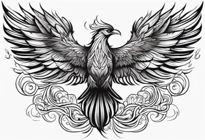 Tattoo: A powerful, majestic phoenix, depicted mid-flight or rising, with wings extended and feathers flowing. Deep shading and intricate details to bring out the texture and motion of the feathers. tattoo idea