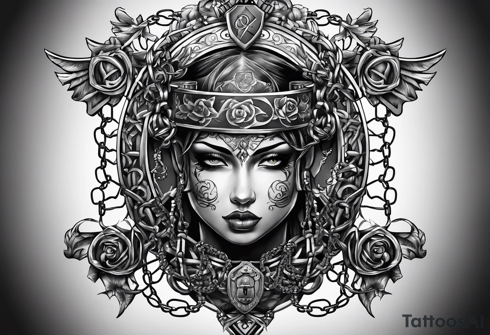 Tattoo of the word 'Self discipline' tied on both ends with metal chains and connected in the middle with a lock tattoo idea