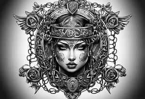 Tattoo of the word 'Self discipline' tied on both ends with metal chains and connected in the middle with a lock tattoo idea