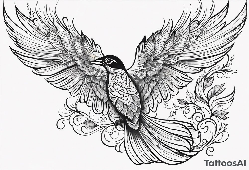 Flying bird on shoulder blade, medium size, with flowing leaves and vines tattoo idea