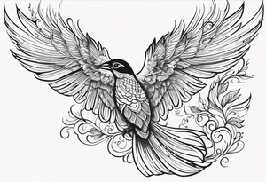 Flying bird on shoulder blade, medium size, with flowing leaves and vines tattoo idea