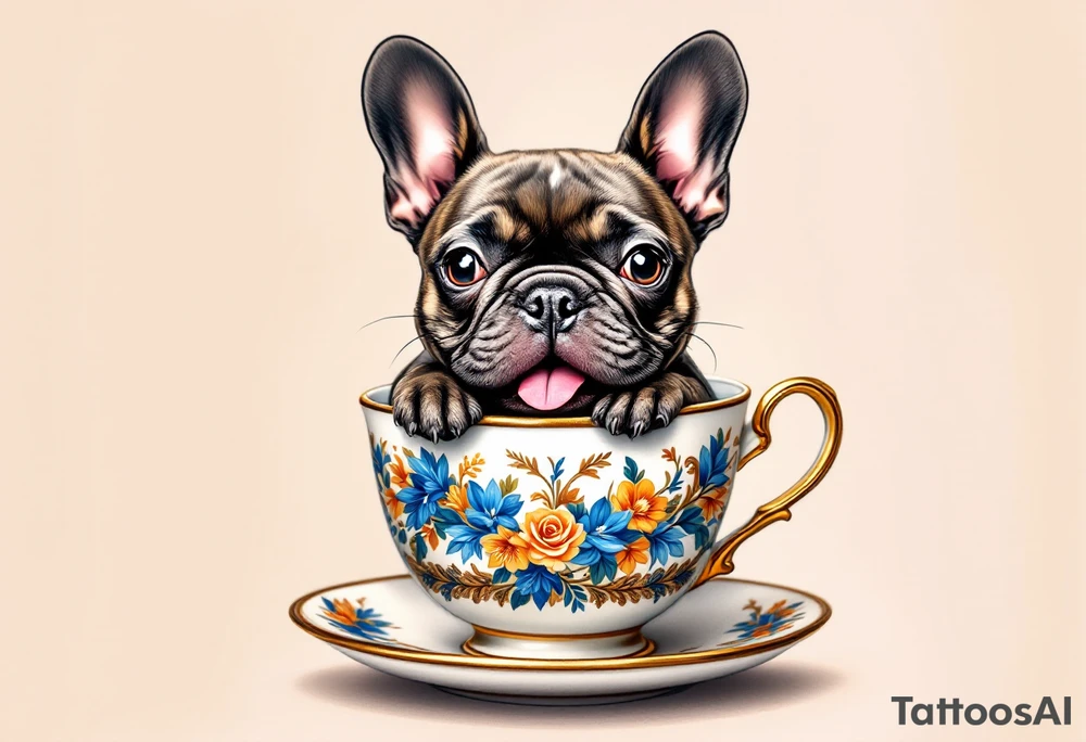 French Bulldog sitting in a teacup, head peeking out with tongue slightly out, brindle fur and cup decorated in floral blue and gold. tattoo idea