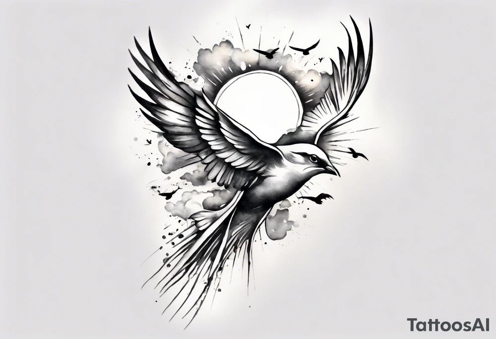 a shoulder tattoo with lots of rays of light in gradient starting from the middle
, clouds and birds flying free tattoo idea
