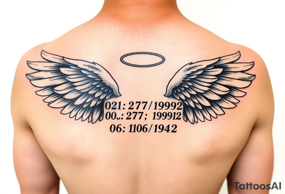 “Damontae 02/27/1992 and under that Willie Mae 06/10/1942” inside a pair of wings with a halo on top of the names and wings on my forearm tattoo idea