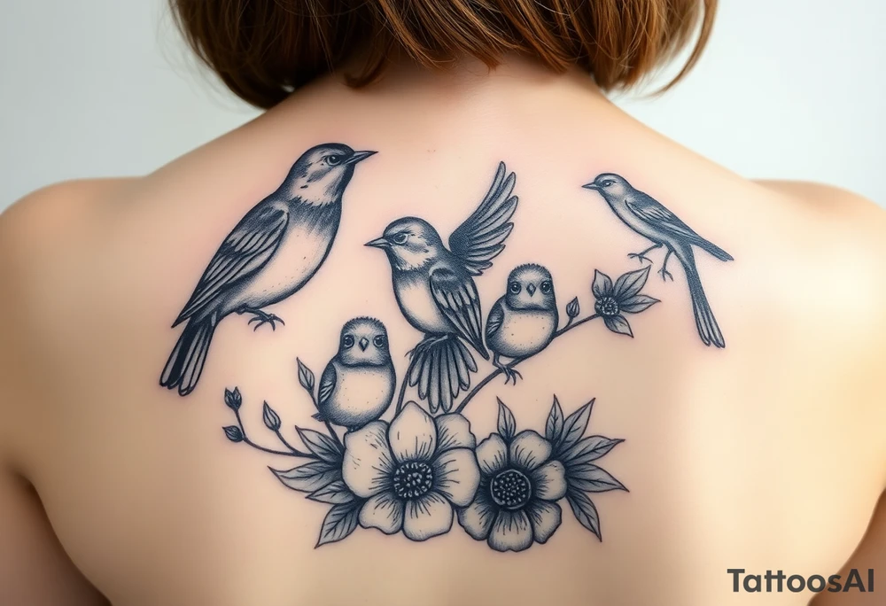Mom bird and three baby birds with flowers tattoo idea