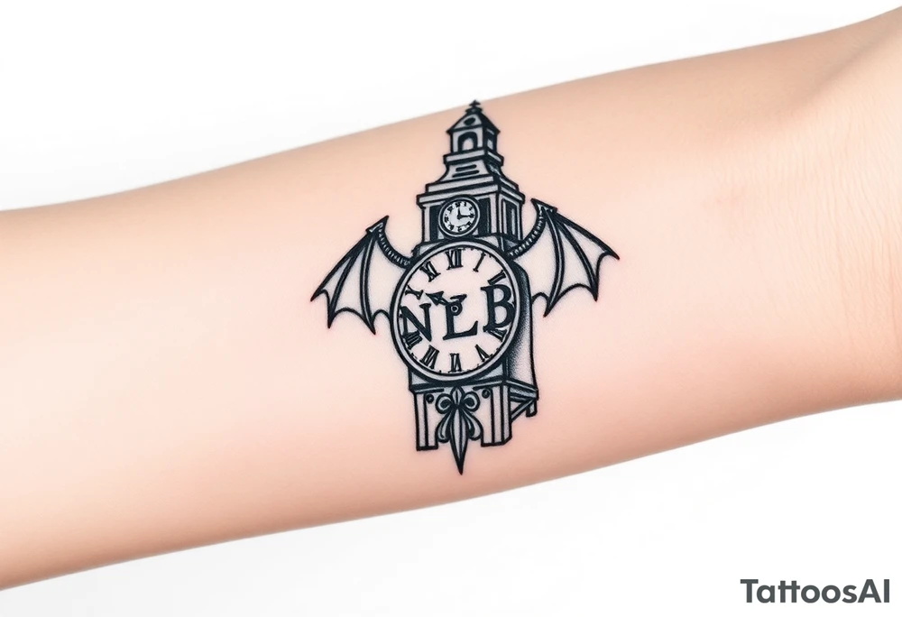 Demon baby clock tower with the the word NLB tattoo idea