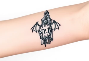 Demon baby clock tower with the the word NLB tattoo idea