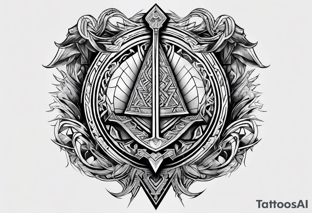 Valhalla stairs sword shield axe Valknut tattoo idea