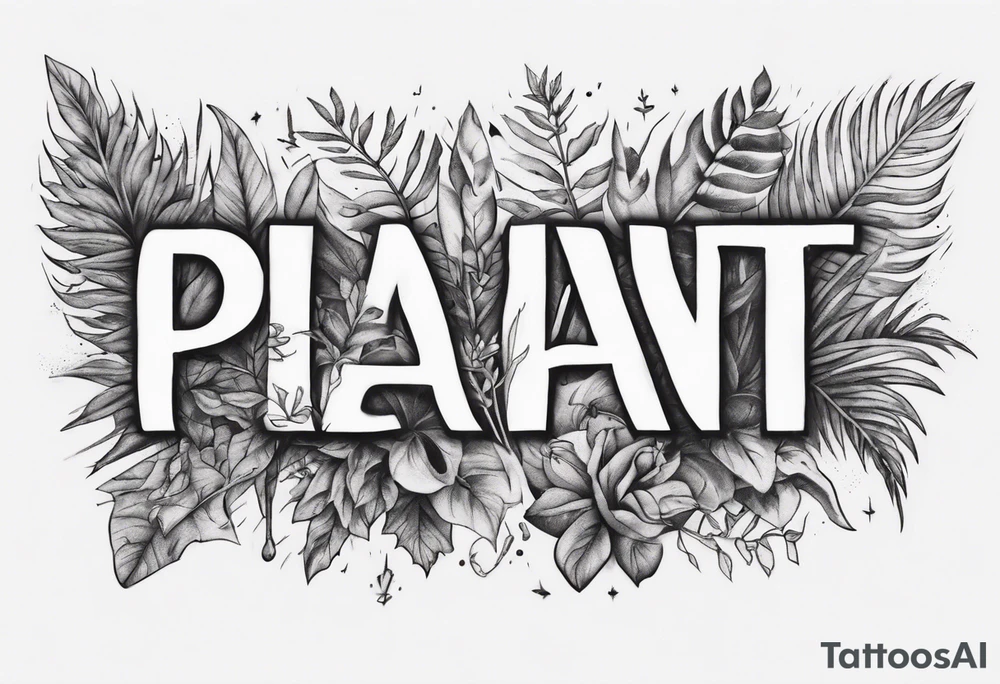 Arm band tattoo spelling ‘Plant Powered’ with plants tattoo idea