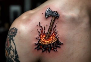 A fireman’s axe embedded in a burning log, with glowing embers and realistic charred wood textures. tattoo idea