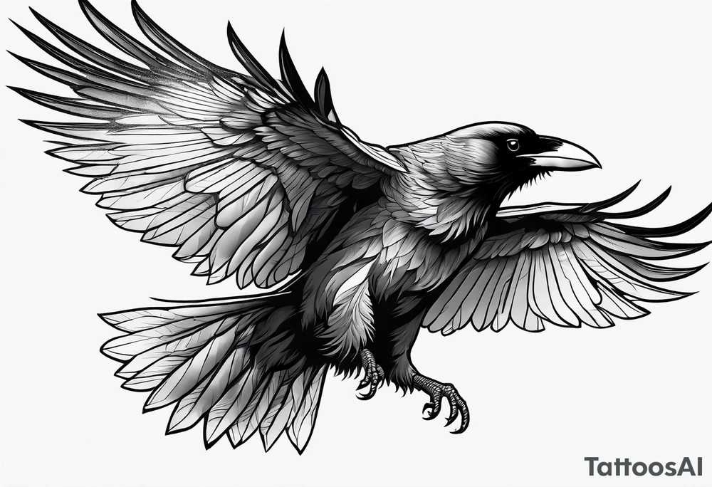 outline drawing of a flying raven with wings on fire tattoo idea