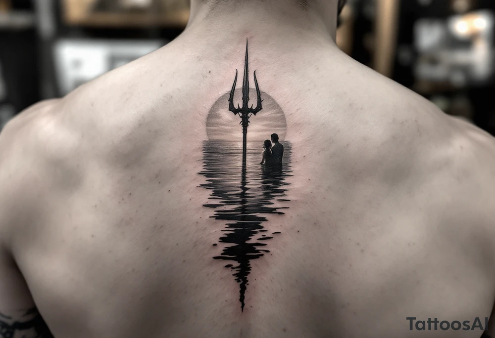 trident half way under calm water at sunset with woman tattoo idea