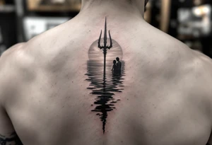 trident half way under calm water at sunset with woman tattoo idea