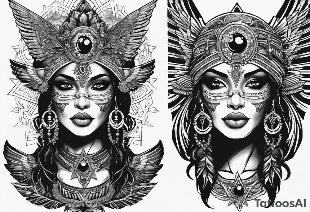 black kali, goddess pirate, alien, pachamama, valkrye, warrior, skull, lotus azul, wing, eagle, zenza resonance, stars, 5D, anahata chakra tattoo idea
