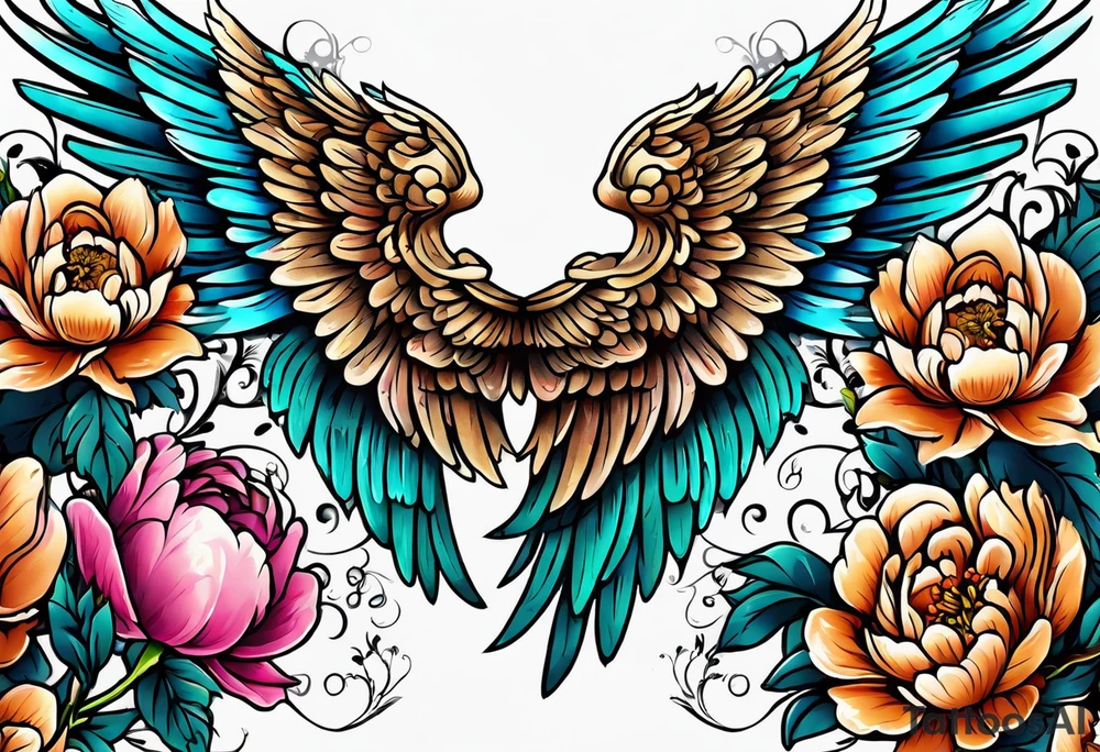 beautiful angel wings with colorful, peonies. beautiful flilligree in the background , full color, traditional old school , white background tattoo idea