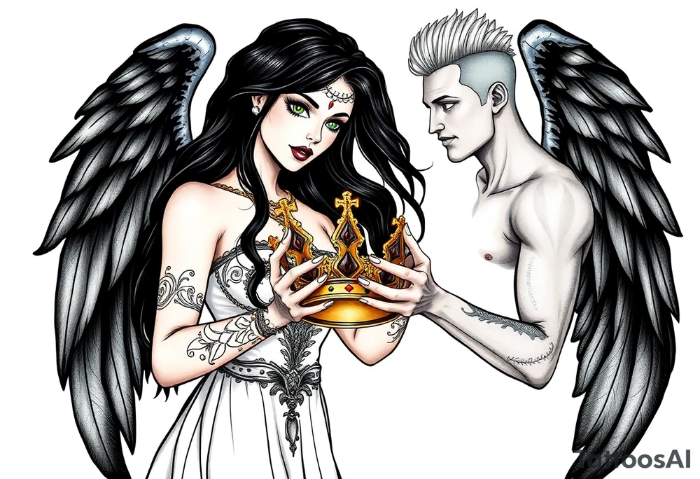 A Scorpio gypsy woman with wings like an angel and long black hair and green eyes holding a kings crown in her hands putting it on a tall man with silver short faux hawk hair and blue eyes. She is wearing a long flowing dress tattoo idea