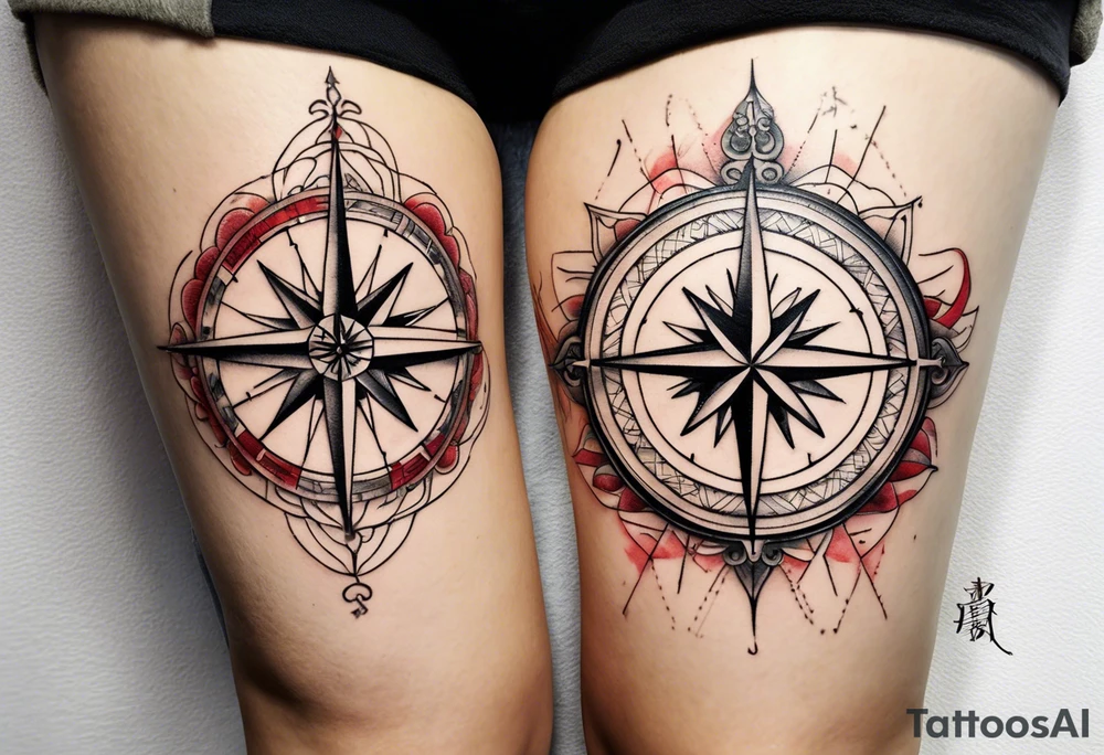 Travel themed for thigh, compass rose overlaid with a map tattoo idea