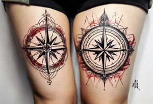 Travel themed for thigh, compass rose overlaid with a map tattoo idea