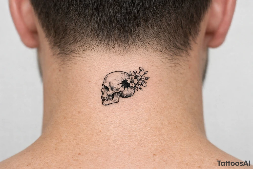 A human skull, side profile, bullet hole with wildflowers spilling from the back. tattoo idea