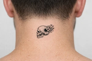 A human skull, side profile, bullet hole with wildflowers spilling from the back. tattoo idea