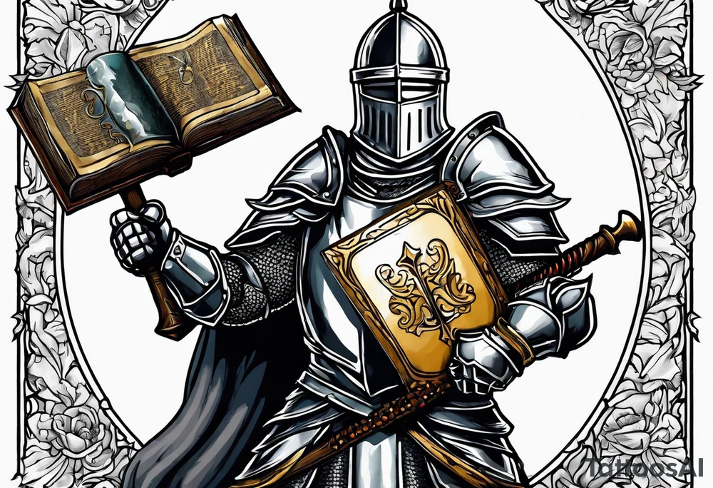 knight holding a bible over his head in combat with both hands tattoo idea