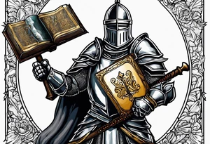 knight holding a bible over his head in combat with both hands tattoo idea