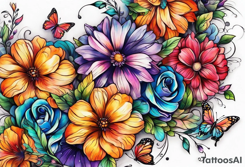Arm sleeve with rainbow flowers and butterflies tattoo idea