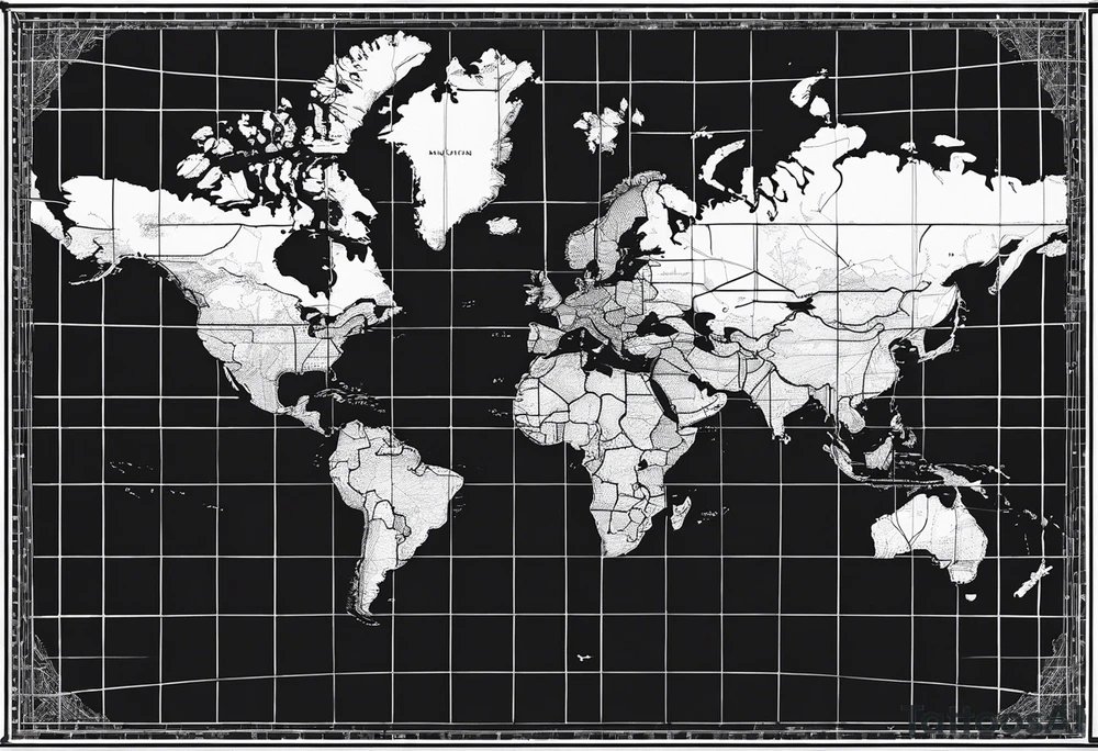 flat map of the earth with lines of a grid not shaded in with no bolding tattoo idea