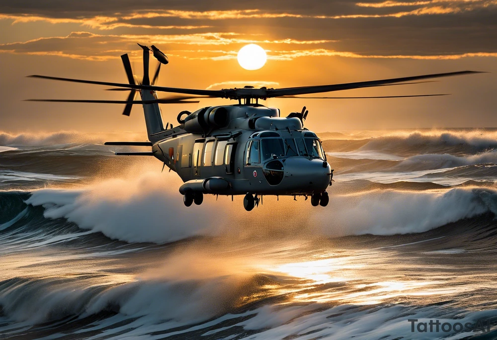 Canadian military grey CH-148 Cyclone helicopter soaring low over rough, ocean waves. The sun is setting, casting a dramatic glow on the scene with realistic clouds and a specular reflection of the helicopter on the water. The helicopter should be the main focus, with intricate details and a sense of motion. In the background, a poppy be prominently displayed tattoo idea