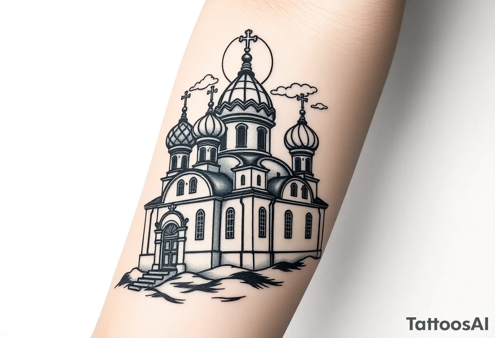 highly detailed Russian Orthodox cathedral sitting on fore arm with onion domes and orthodox crosses, done in fine line, engraving-like style. Cohesive composition, black ink only, no color, high contrast, slightly aged, documentary-style, plain light background. with clouds above it and a virgin mary over looking tattoo idea