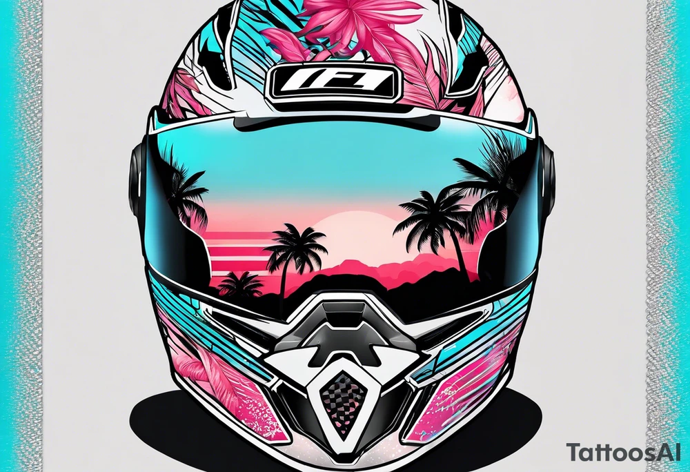 Formula 1 helment with a palm tree and black pink and light blue color tattoo idea