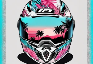 Formula 1 helment with a palm tree and black pink and light blue color tattoo idea