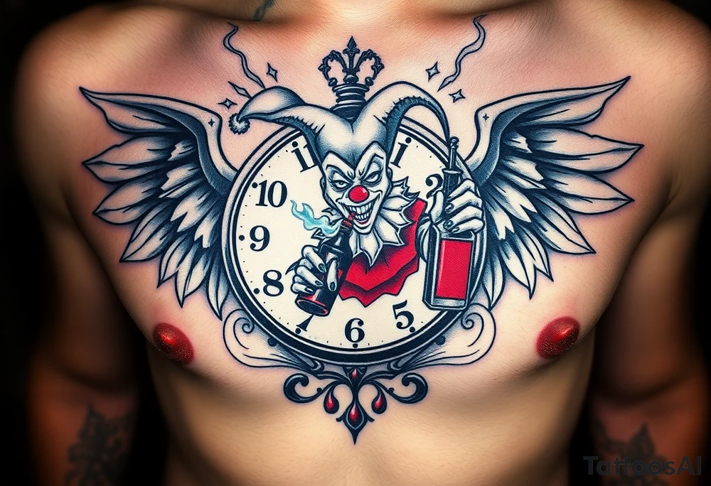 a evil jester clown floating in smoke with a  clock, the time says 420,  with two open wings besides the clock, smoke as the spring rising from the clock, a jester clown coming out the smoke, smoking in one hand with a liquor bottle on the other hand tattoo idea