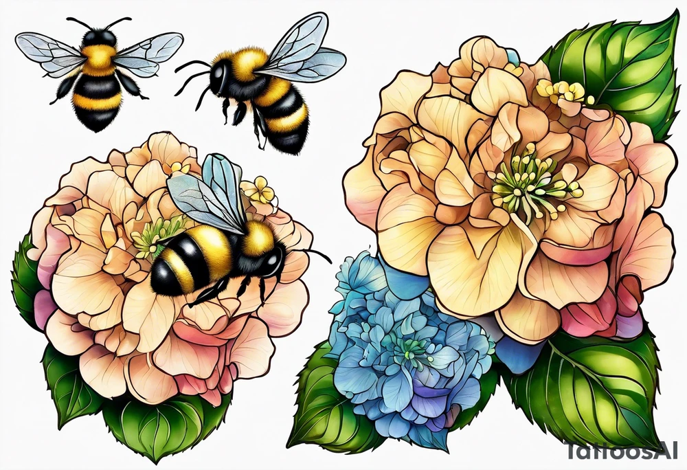 Small tattoo. There’s a hydrangea and a bee but they are not touching. Make the bee smaller than the hydrangea and have the bee off to the side. tattoo idea