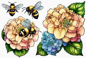 Small tattoo. There’s a hydrangea and a bee but they are not touching. Make the bee smaller than the hydrangea and have the bee off to the side. tattoo idea