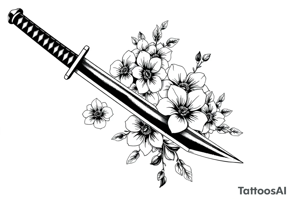 Katana with flowers on the blade tattoo idea