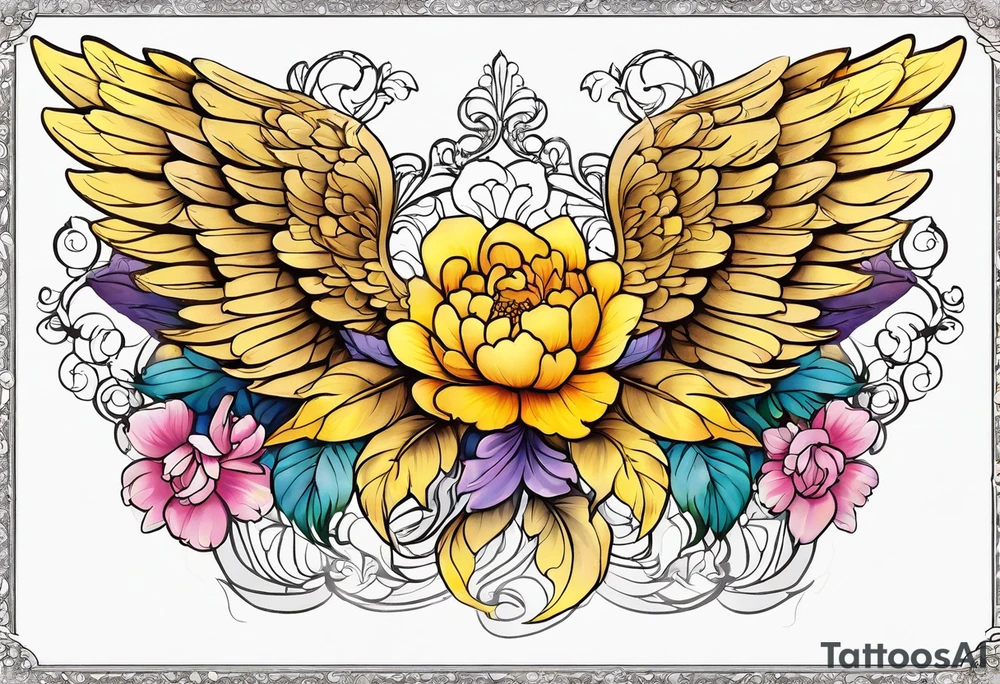beautiful golden yellow angel wings with colorful peonies. beautiful flilligree in the background , full color tattoo idea