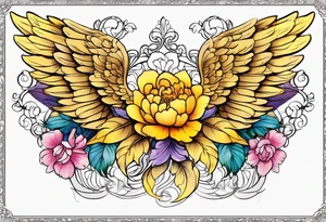 beautiful golden yellow angel wings with colorful peonies. beautiful flilligree in the background , full color tattoo idea