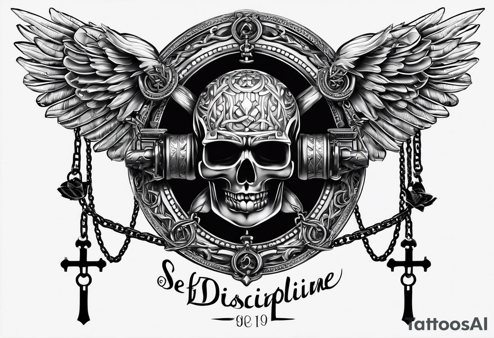 Tattoo of the word 'Self discipline' tied on both ends with metal chains and connected in the middle with a lock tattoo idea