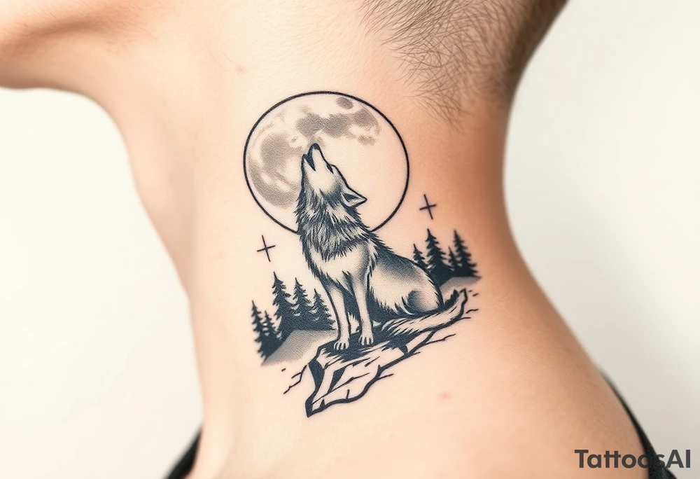 lone wolf howling at full moon with northern lights backdrop tattoo idea