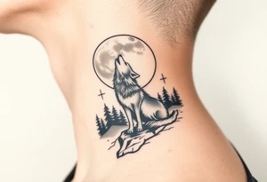 lone wolf howling at full moon with northern lights backdrop tattoo idea