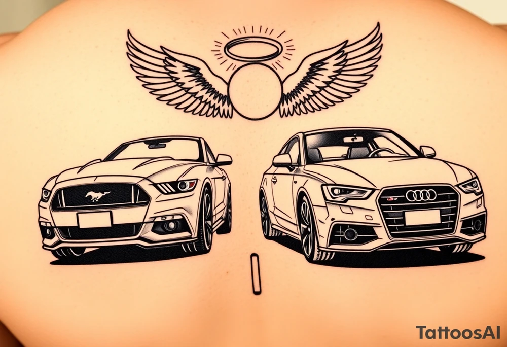 2014 Mustang GT driving down highway with 2015 Audi S5 with Angel wings and halo above 2015 Audi S5 tattoo idea